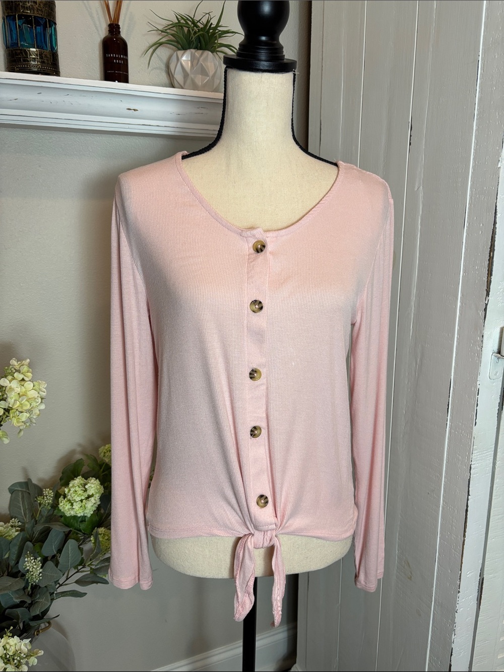 Derek Heart Light Pink Long Sleeve Button Tie-Front Top